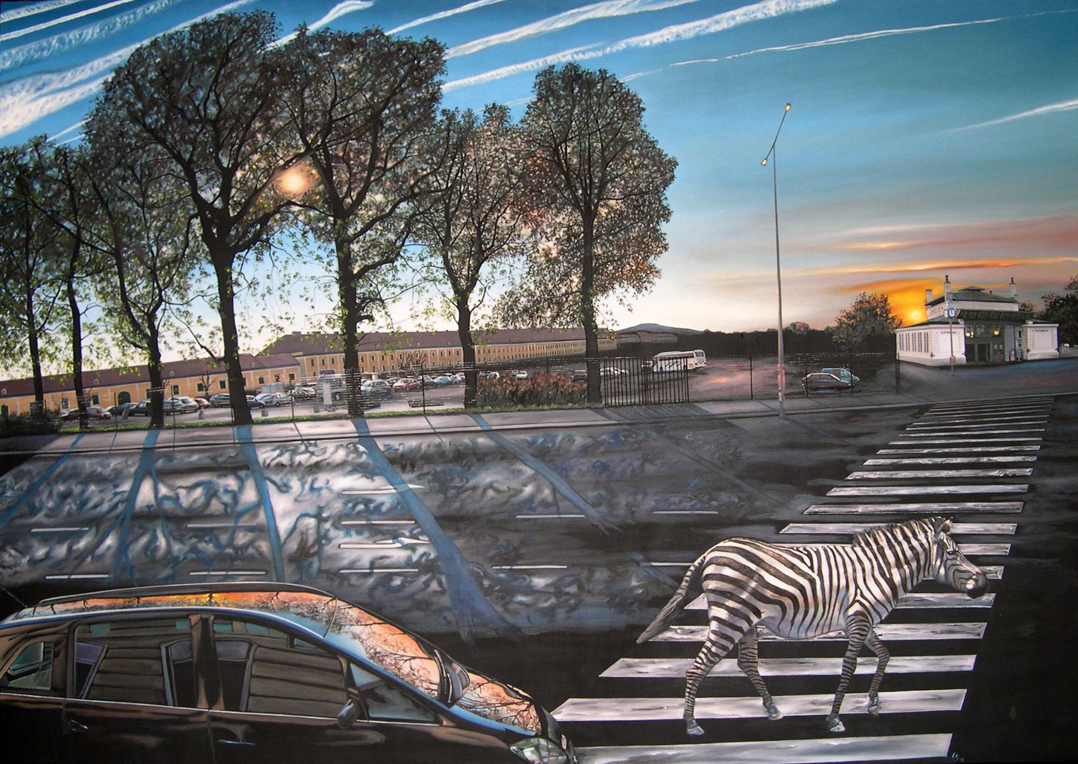 Elke Schönberger Animal Painting - Zebra Crossing - Urban Landscape, Painting, Oil/Canvas, Photorealism, 
