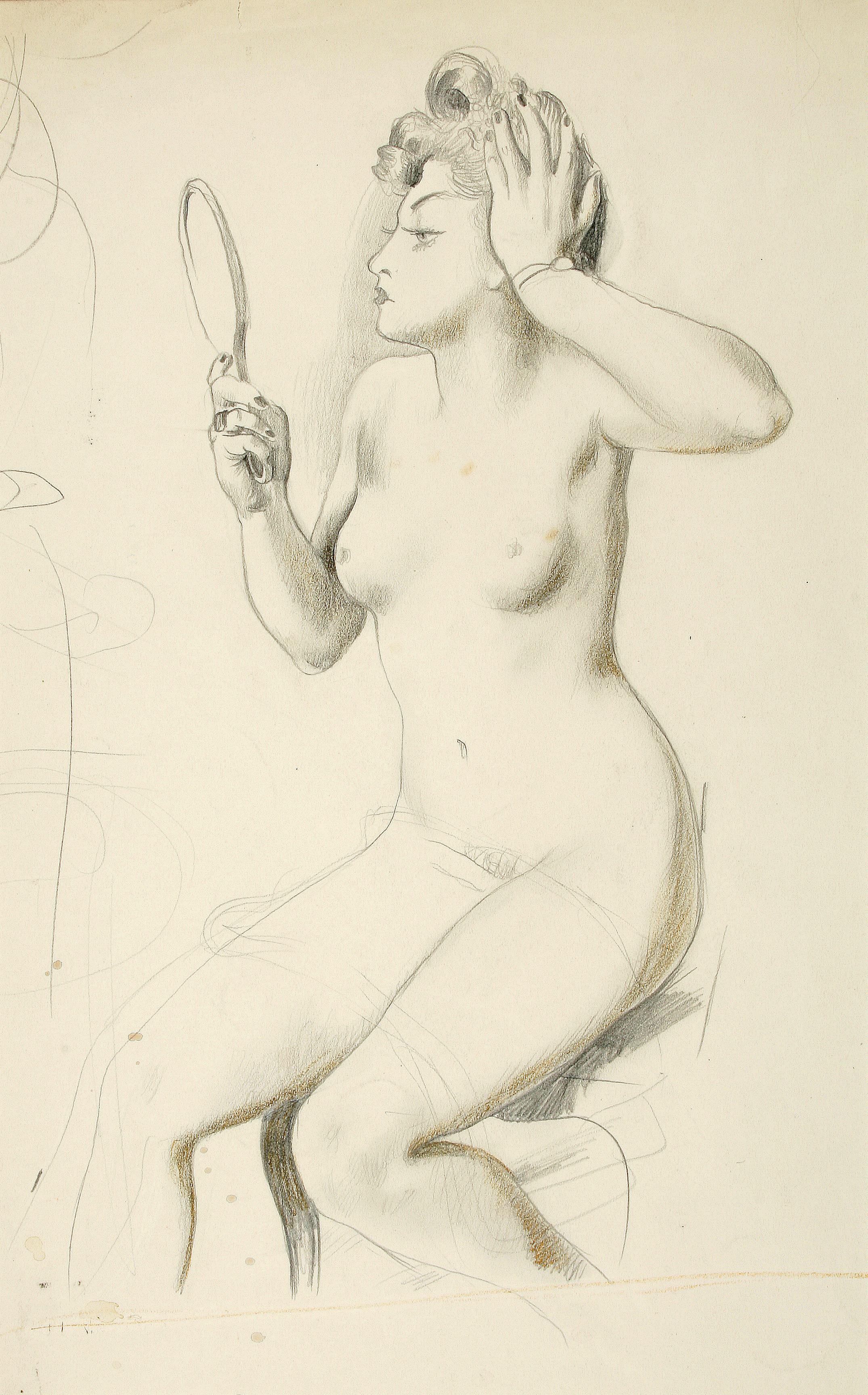 Female nude with hand mirror - Drawing, Pencil, Female Nude, New Objectivity - Art by August Wilhelm Dressler
