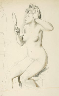 Female nude with hand mirror - Drawing, Pencil, Female Nude, New Objectivity