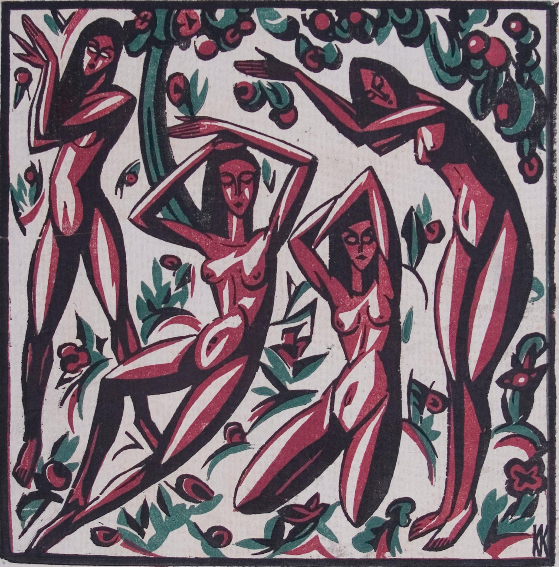 Karl Kriete Nude Print - Freude (Joy) - Woodcut Print in Colors, Nudes, Modern, Red/Green, 20th Century