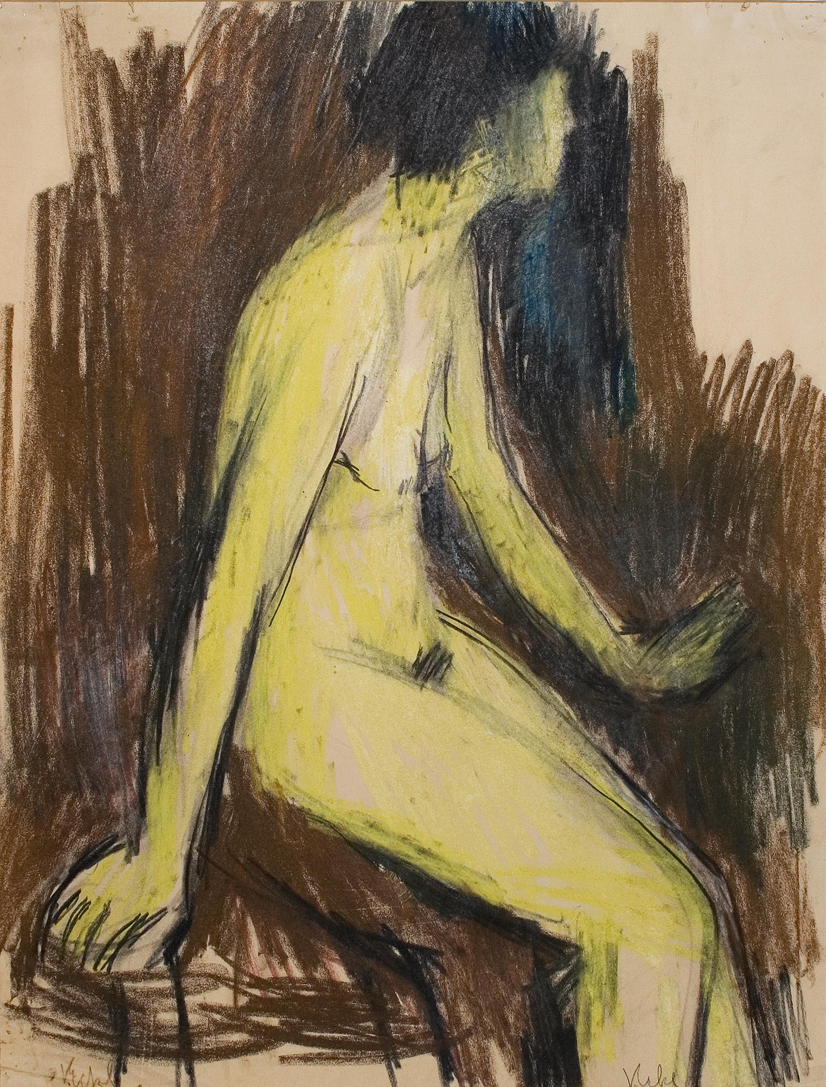 Sitzende (Sitting Nude) - Color Crayon, Female Nude, Expressionist, Drawing - Art by Vilma Eckl