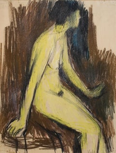 Sitzende (Sitting Nude) - Color Crayon, Female Nude, Expressionist, Drawing