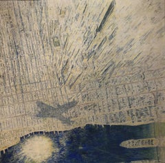 Vintage New York - Oil/Canvas, Cityscape, Surrealist, Bird Eye's View, 1950, Skyscrapers