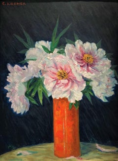 Still-life with flowers - oil/cardboard, white peonies, orange, modern, Vienna