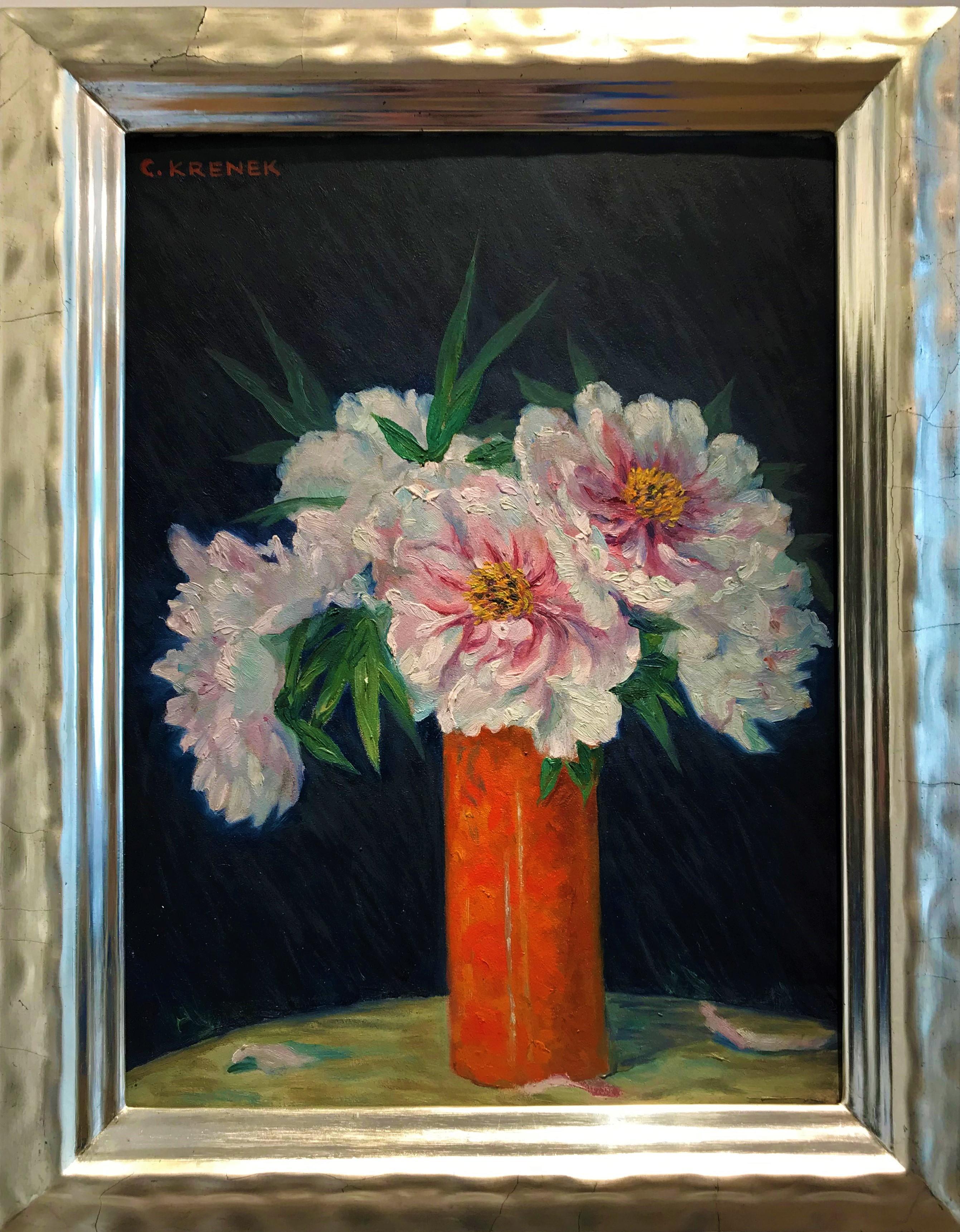Still-life with flowers - oil/cardboard, white peonies, orange, modern, Vienna - Painting by Carl Krenek