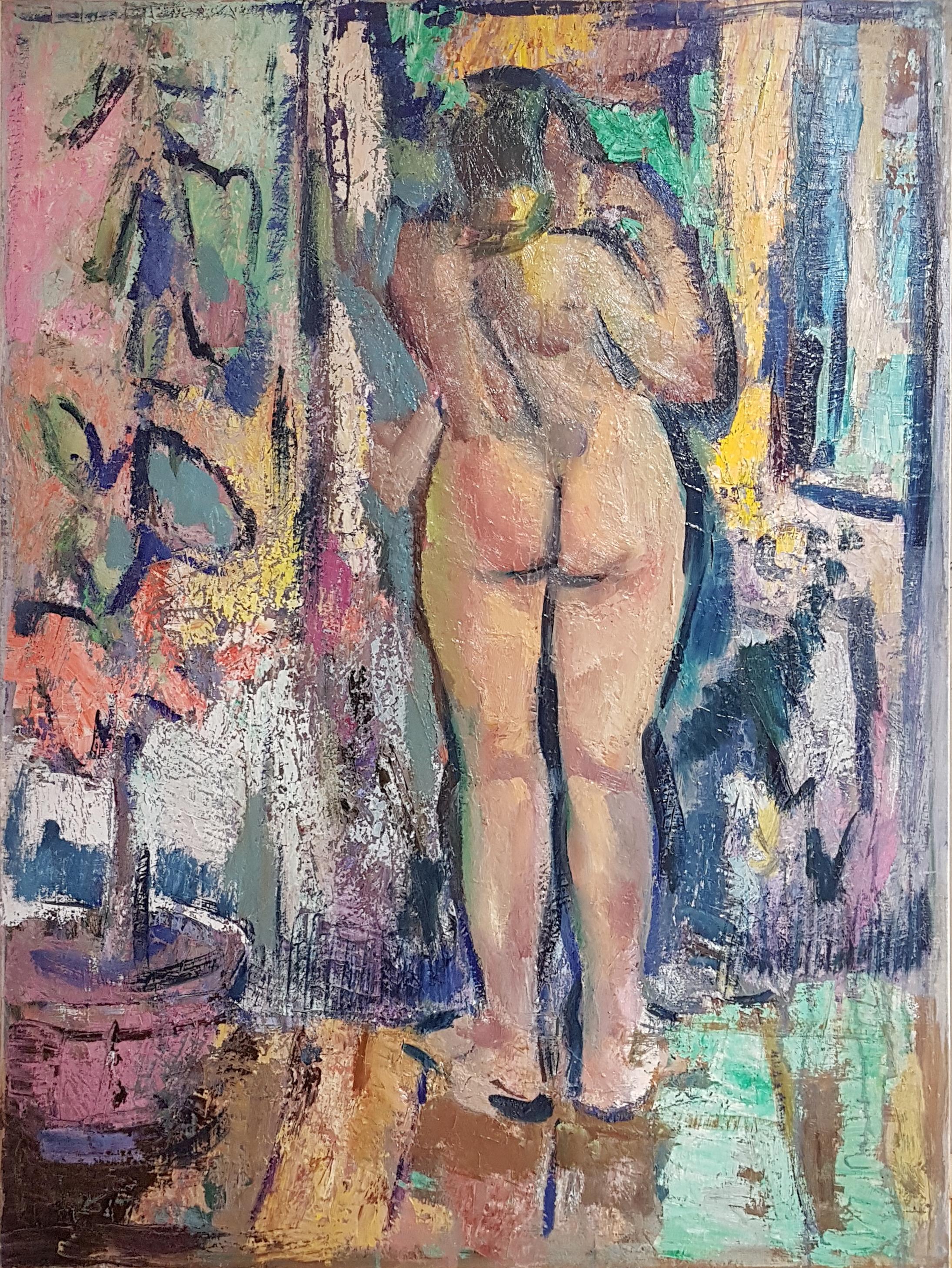 Ernst Gradischnig Figurative Painting - Akt (Nude) - Oil/canvas, colorful, female nude, interior, contemporary, outlines