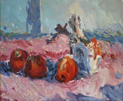 Still-life painting with three red apples - Oil, Canvas, Neo-Expressionist, 1991