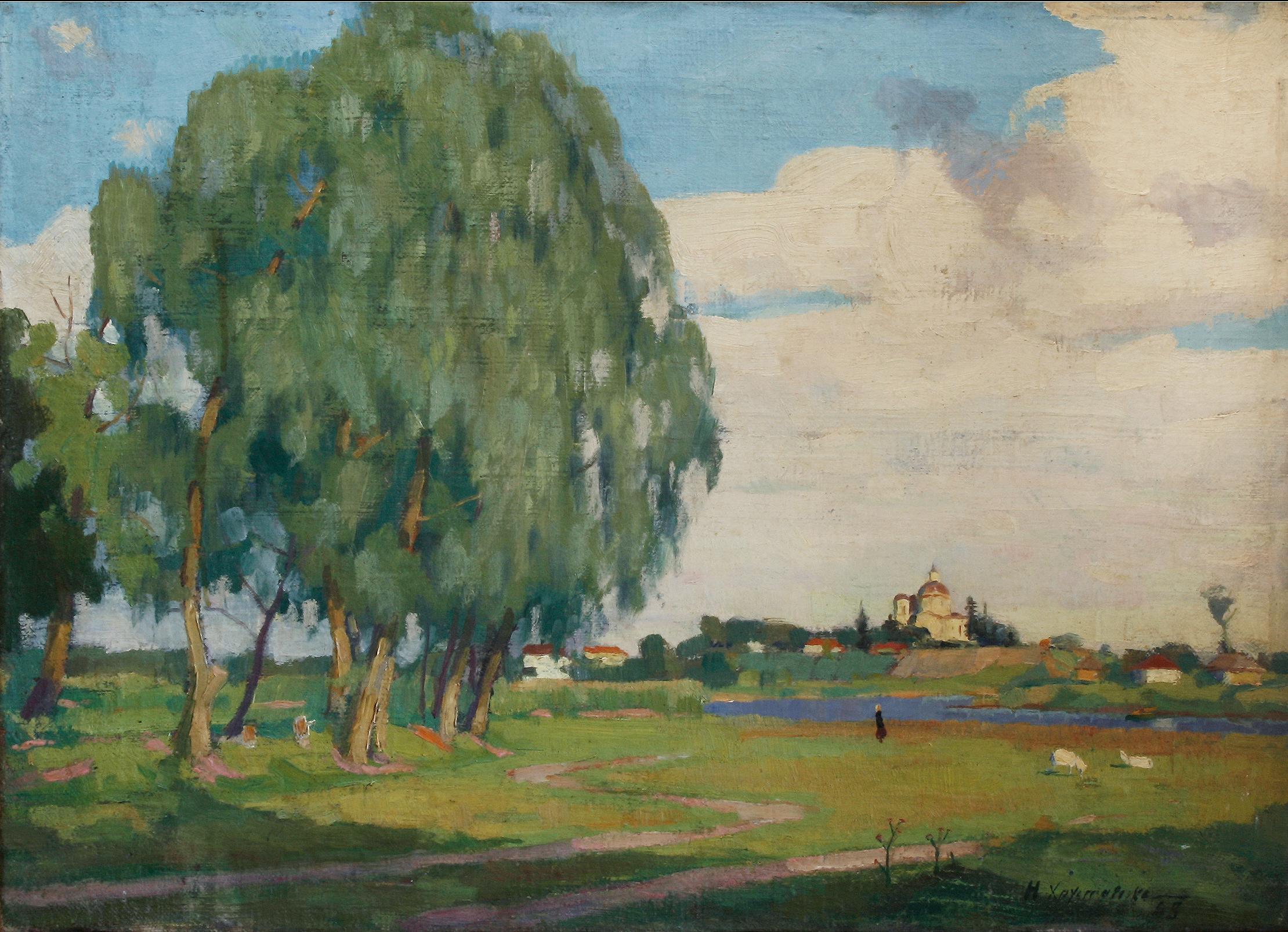 Nikolaj Ivanovič Chrustačev Figurative Painting - Summer landscape - Painting, Oil, Canvas, Russian, Impressionist