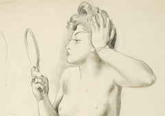 Female nude with hand mirror - Drawing, Pencil, Female Nude, New Objectivity
