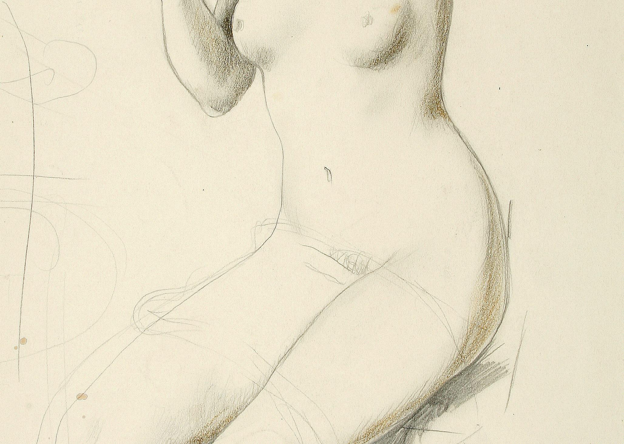 Female nude with hand mirror - Drawing, Pencil, Female Nude, New Objectivity - Realist Art by August Wilhelm Dressler