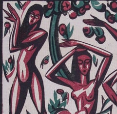 Freude (Joy) - Woodcut Print in Colors, Nudes, Modern, Red/Green, 20th Century