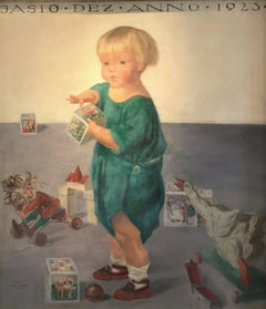 Antique Child's Portrait - Oil/Panel,  New Objectivity, Interieur, Modern, Austrian