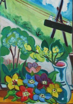 Blick aus dem Fenster (View from the window) - Expressionist, Naive Art, Flowers