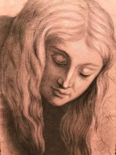 19thC Head Portrait Young Lady Flowing Hair, Realist Drawing