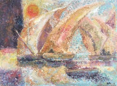Boats at Sea, Stylised Pointillist Oil Painting