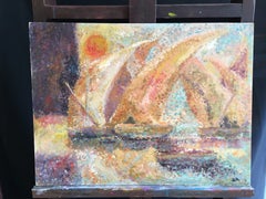 Boats at Sea, peinture à l'huile pointilliste stylisée