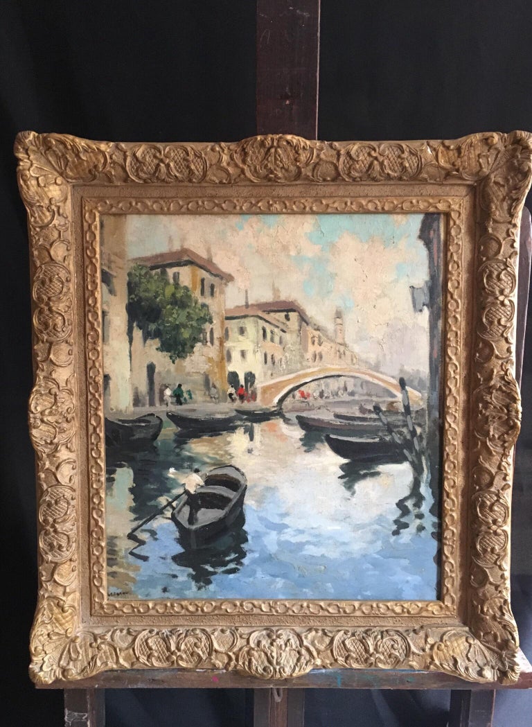 Venice Canal, Impressionist Oil Painting  - Beige Figurative Painting by British Impressionist