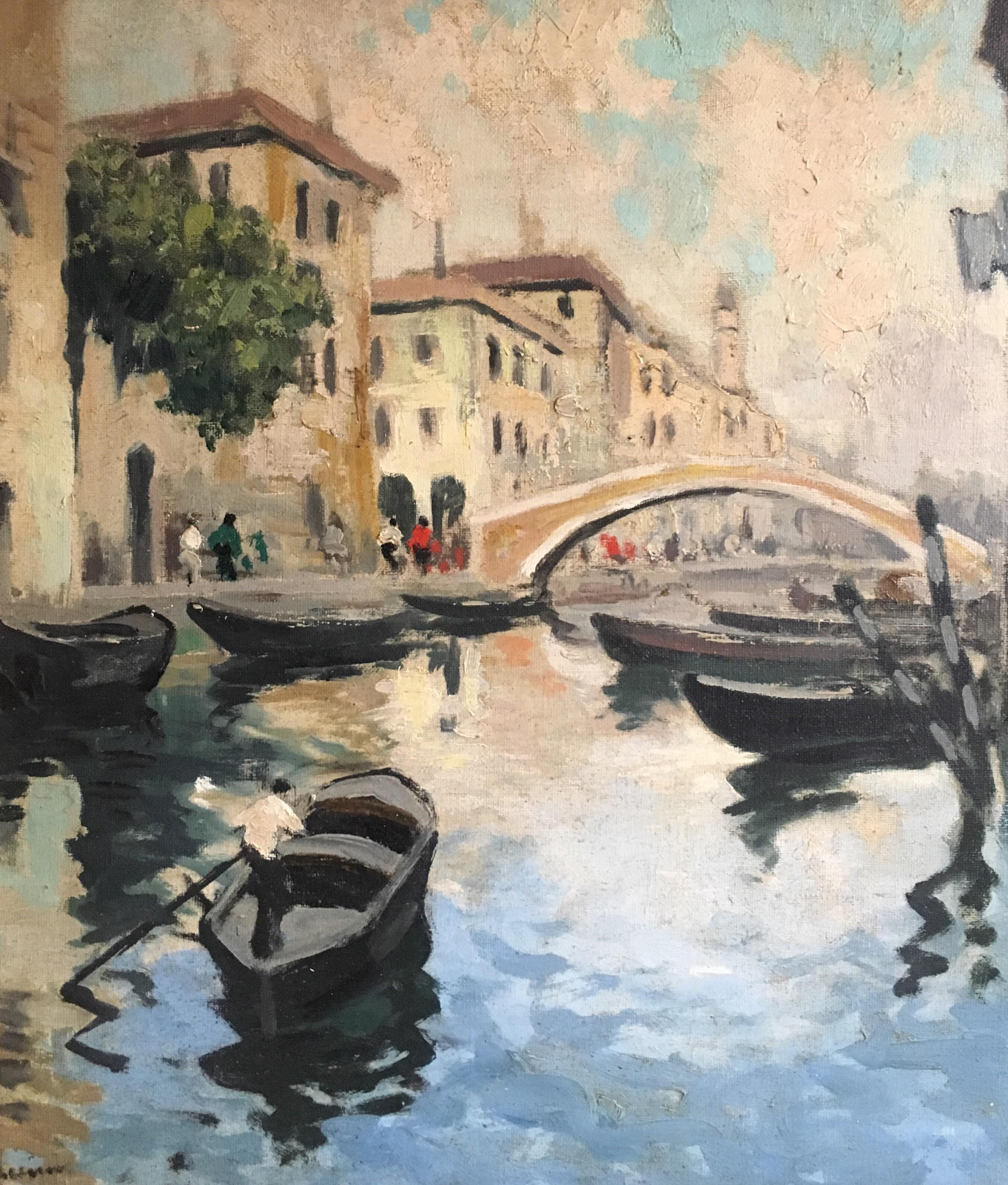 British Impressionist Figurative Painting - Venice Canal, Impressionist Oil Painting 