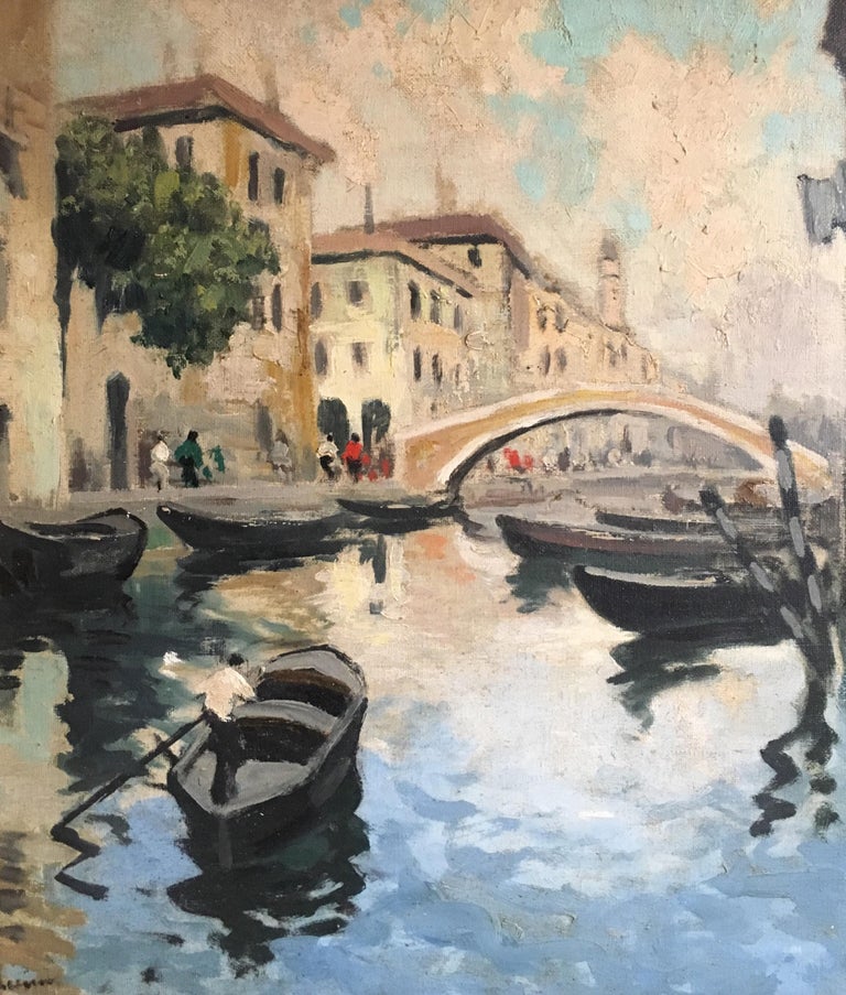 British Impressionist Figurative Painting - Venice Canal, Impressionist Oil Painting 