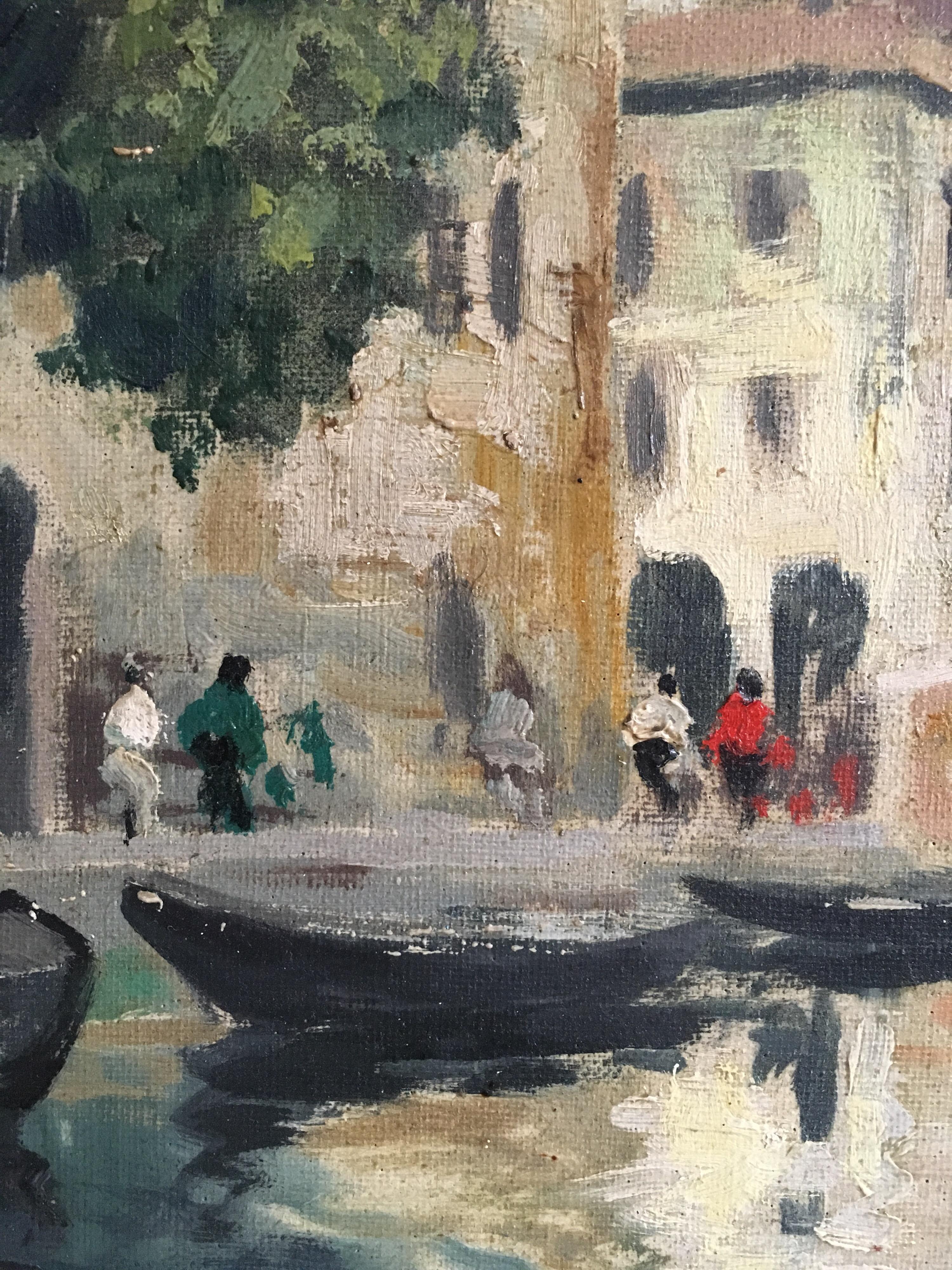 Venice Canal, Impressionist Oil Painting  - Beige Figurative Painting by British Impressionist