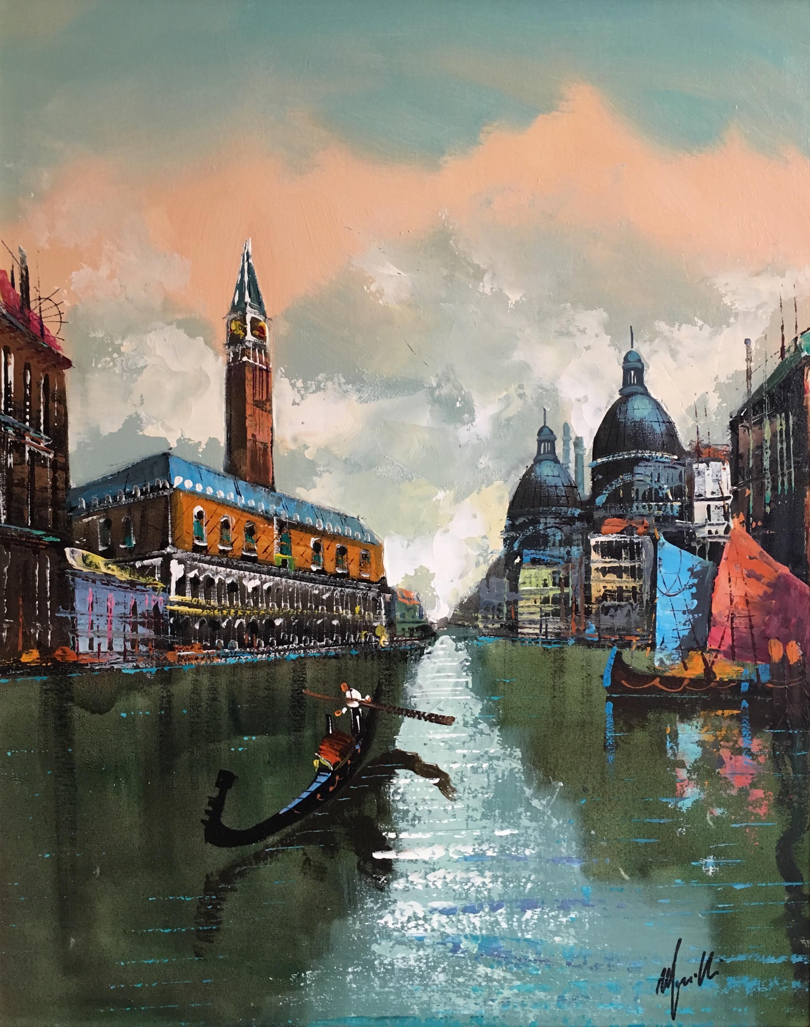 Unknown Figurative Painting - Venice Grand Canal, Impressionist Landscape, Oil Painting, Signed