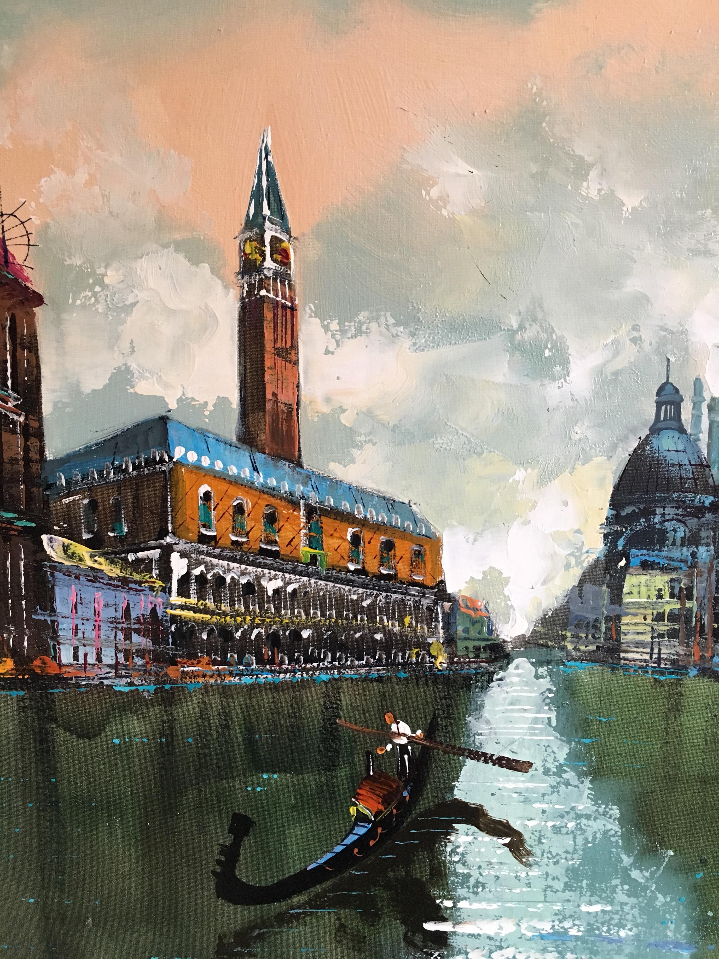 Venice Grand Canal, Impressionist Landscape, Oil Painting, Signed - Gray Figurative Painting by Unknown