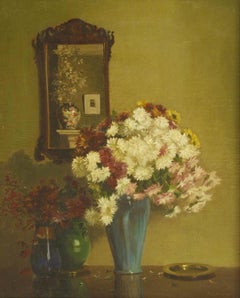 Still Life of Flowers & Mirror within an Interior, Antique Signed Oil Painting