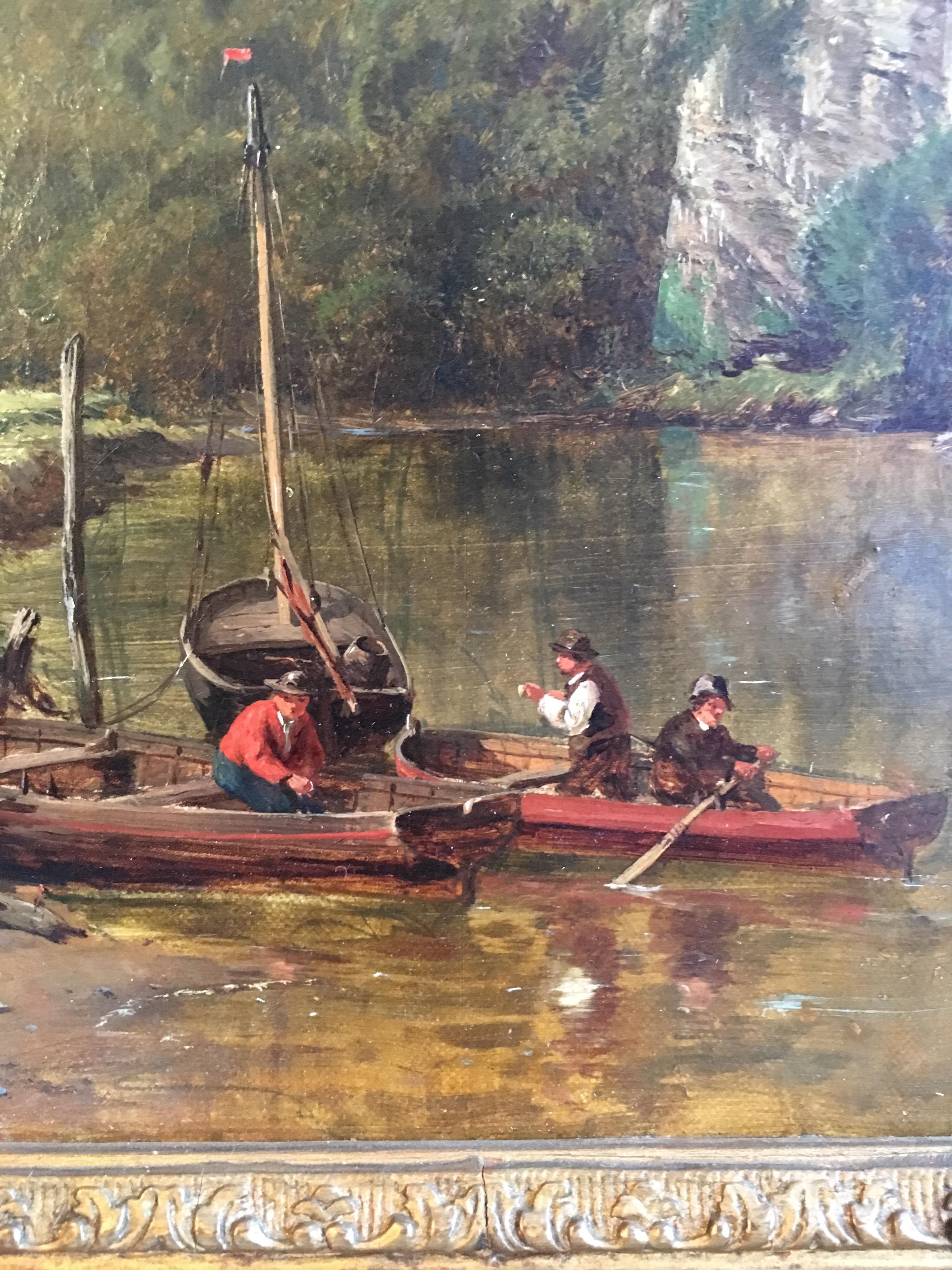 Tranquil Estuary Fishermen in Boats, Antique Signed English Oil Painting  - Brown Figurative Painting by Unknown