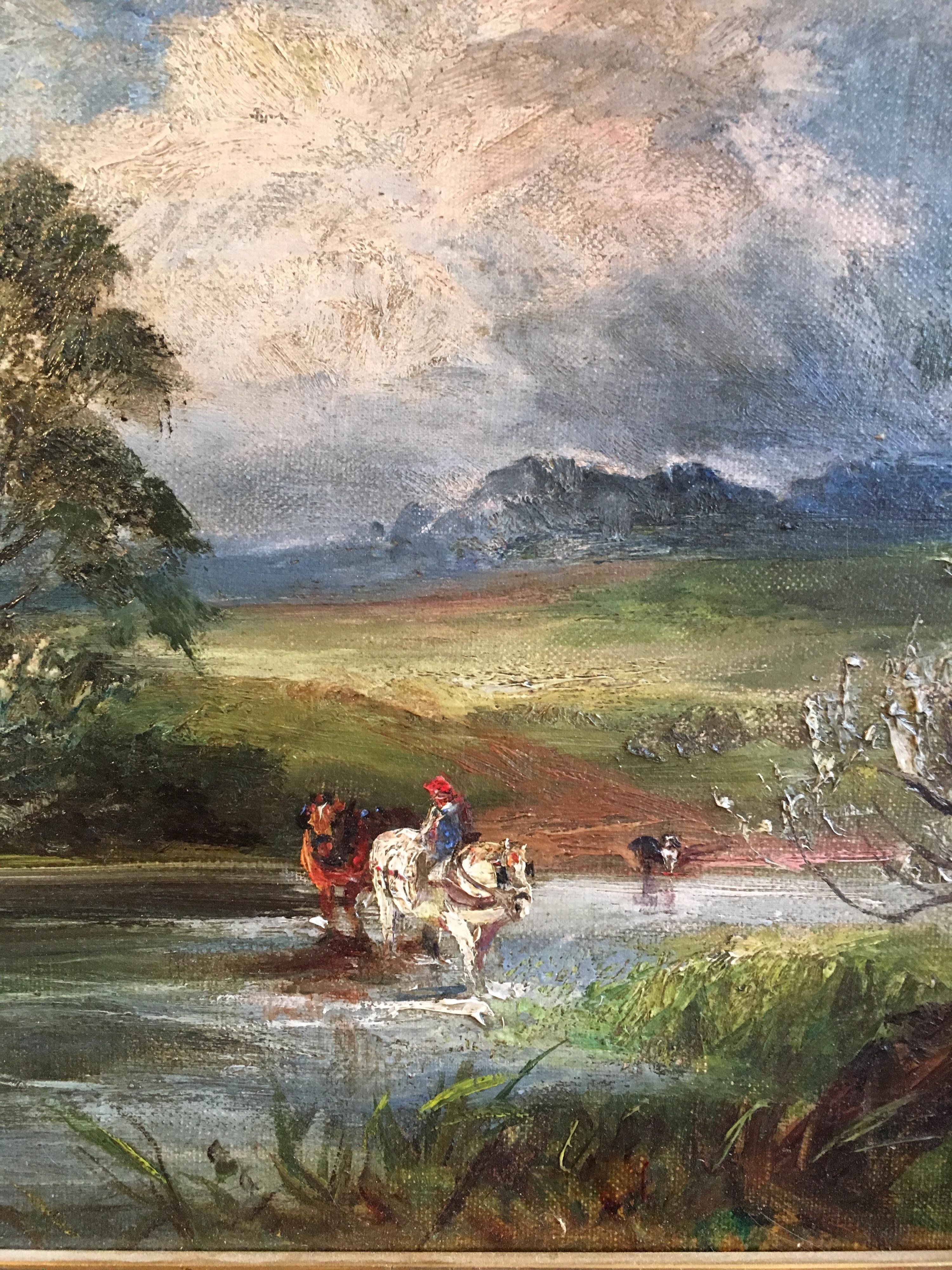 Crossing the River
by W. E. Pettingale, British late 19th century
signed lower corner
Oil painting on canvas, framed
Framed size: 12 x 16 inches

Atmospheric Victorian landscape oil painting of figures on horse back crossing a deep stream, with dogs