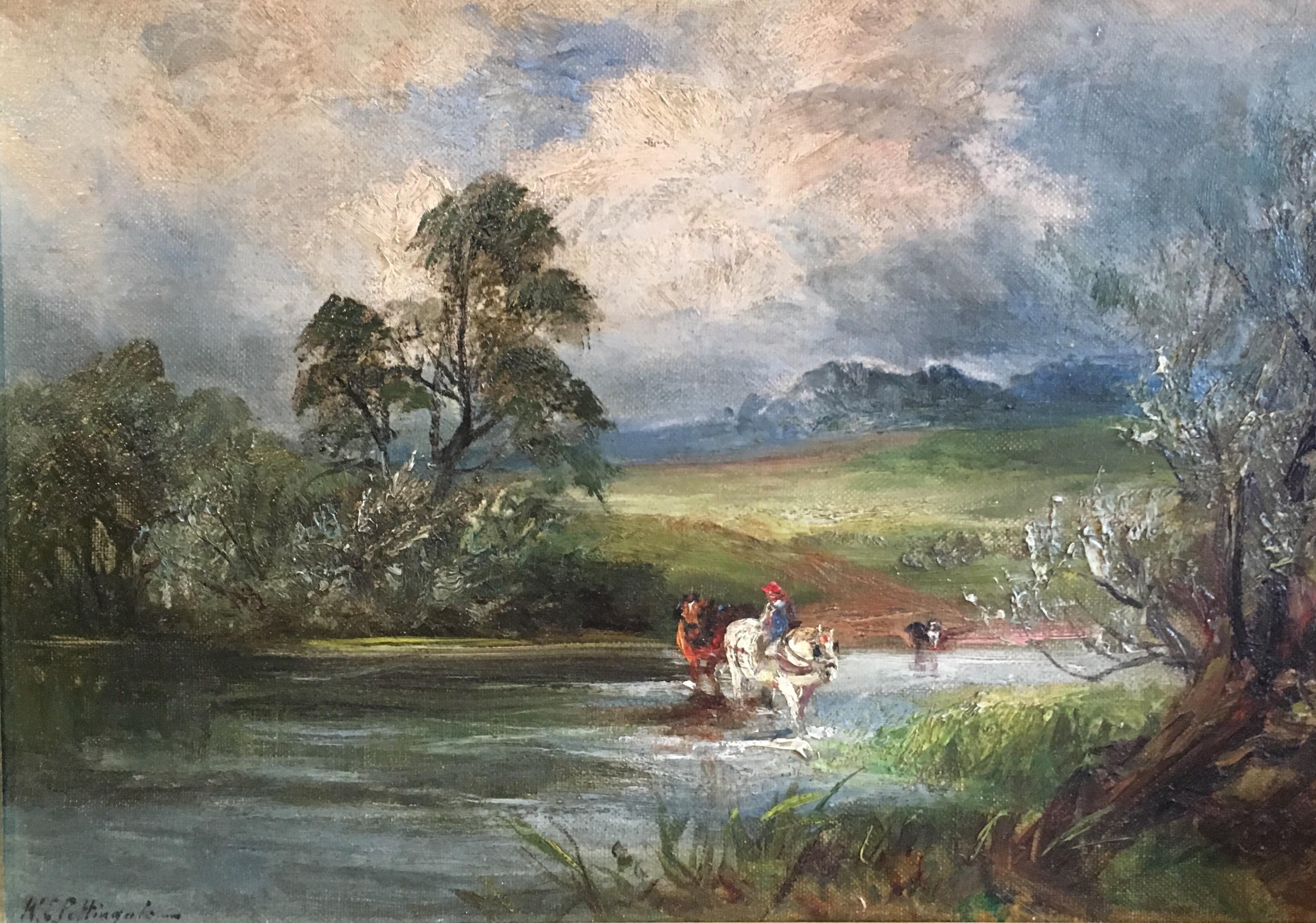William Edward Pettingale Landscape Painting - Horse Crossing the River, Victorian Landscape signed oil painting on canvas