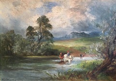 Antique Horse Crossing the River, Victorian Landscape signed oil painting on canvas