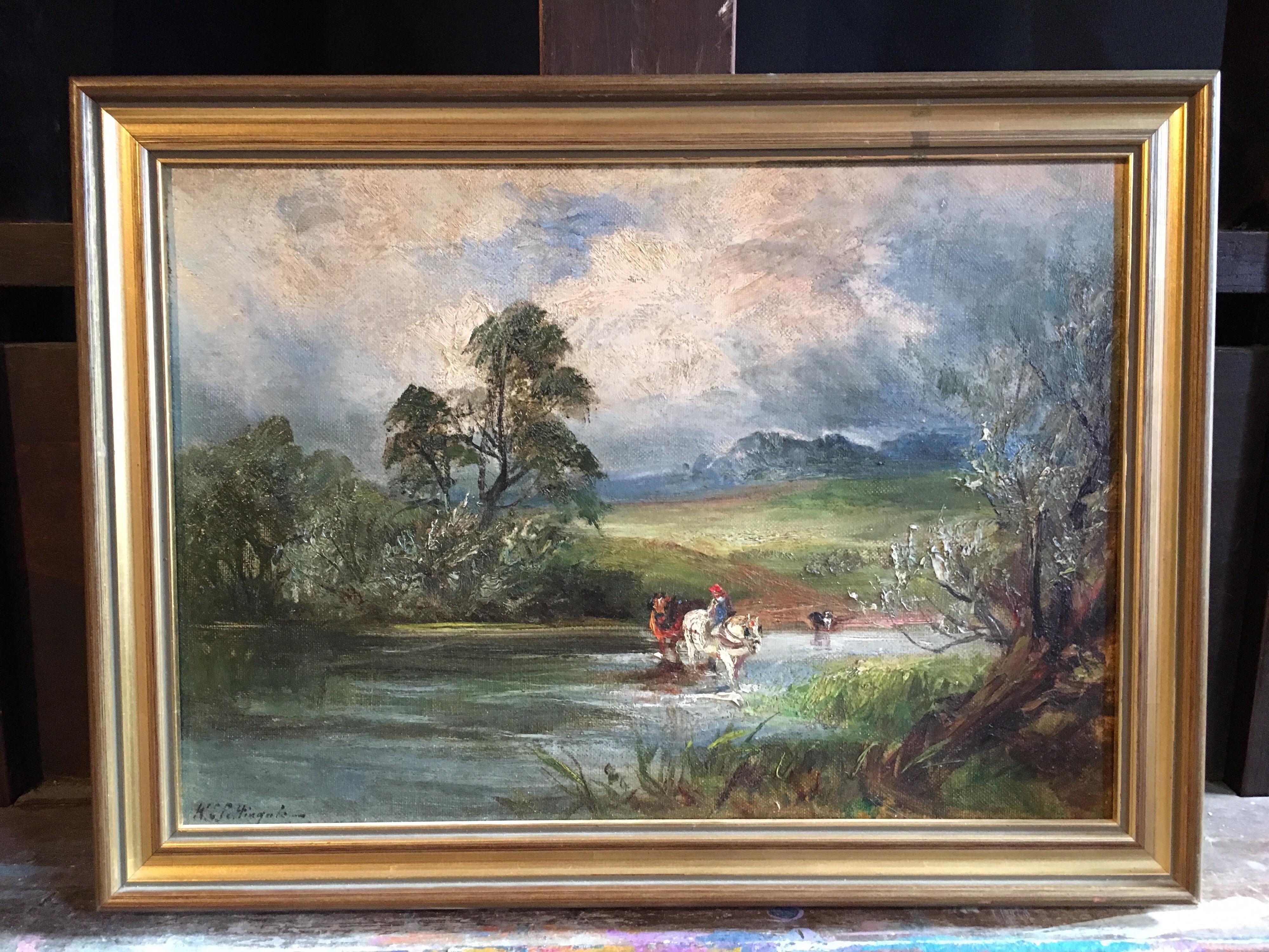 Horse Crossing the River, Victorian Landscape signed oil painting on canvas - Painting by William Edward Pettingale