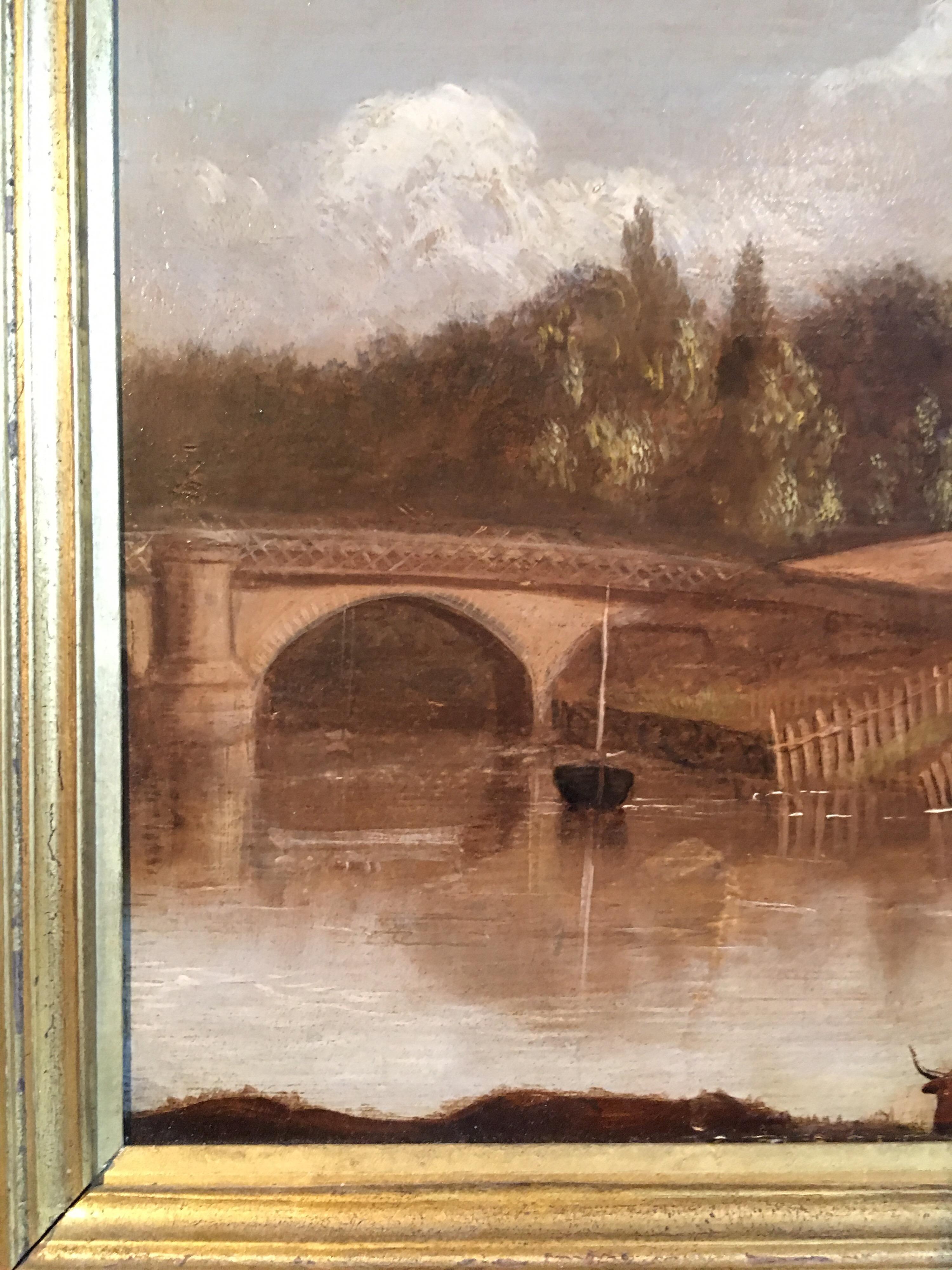 Under the Bridge, Victorian Landscape Oil Painting 
British School, 19th century
Oil painting on board, framed
Framed size: 13 x 16 inches

Tranquil scene of a wide stream, and a lonesome cow drinking from the water. The stream has a fenced area