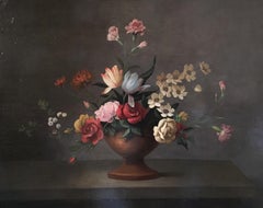 Bouquet de fleurs vibrantes, nature morte florale, peinture à l'huile, signée