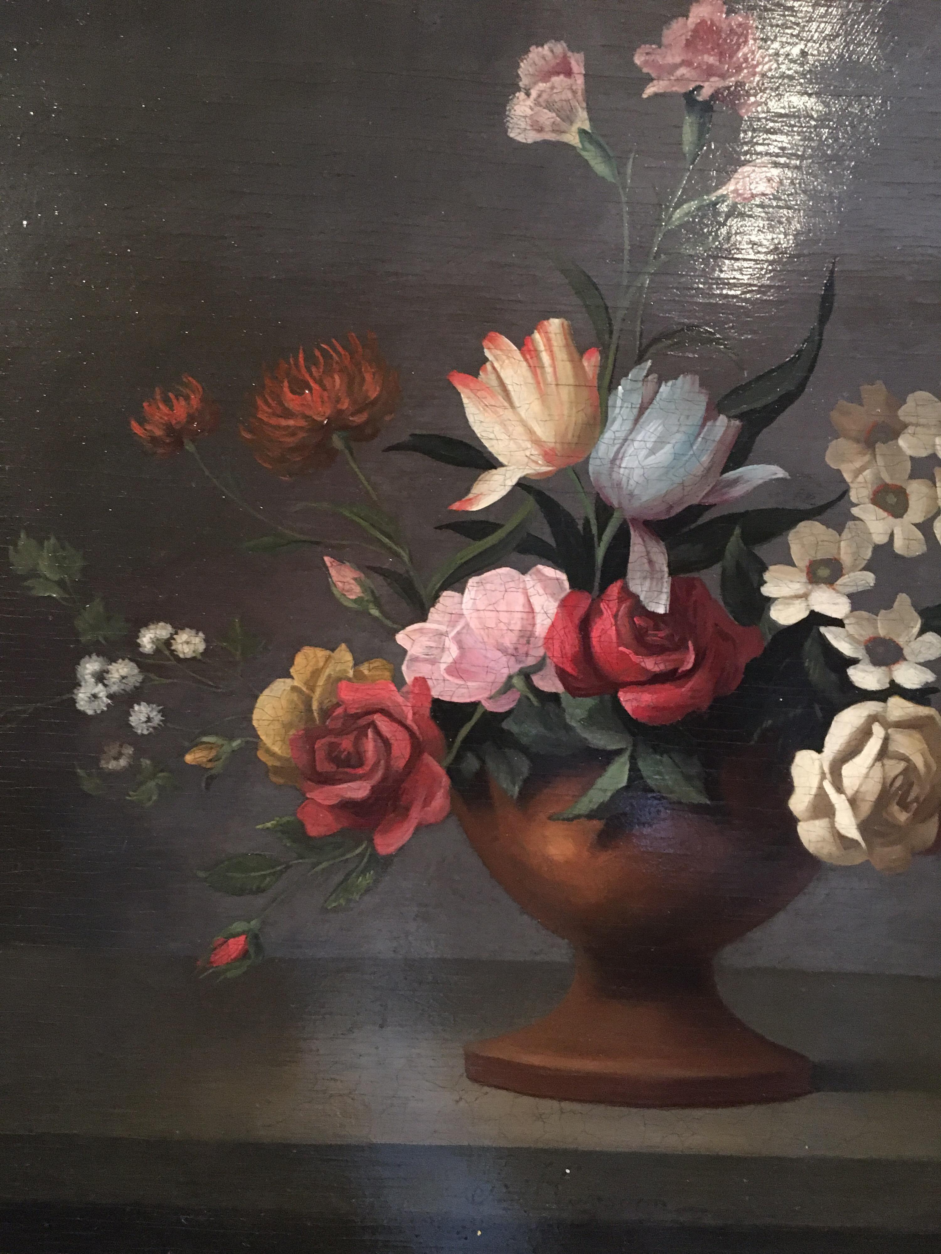 Klassisches Blumendisplay
Vom Künstler K.L.Huysum, Niederländischer Künstler, Mitte 20
Signiert vom Künstler in der Mitte, unten auf dem Gemälde
Ölgemälde auf Karton, gerahmt
Gerahmte Größe: 23 x 27 Zoll

Wunderbar stilvolles Stillleben des