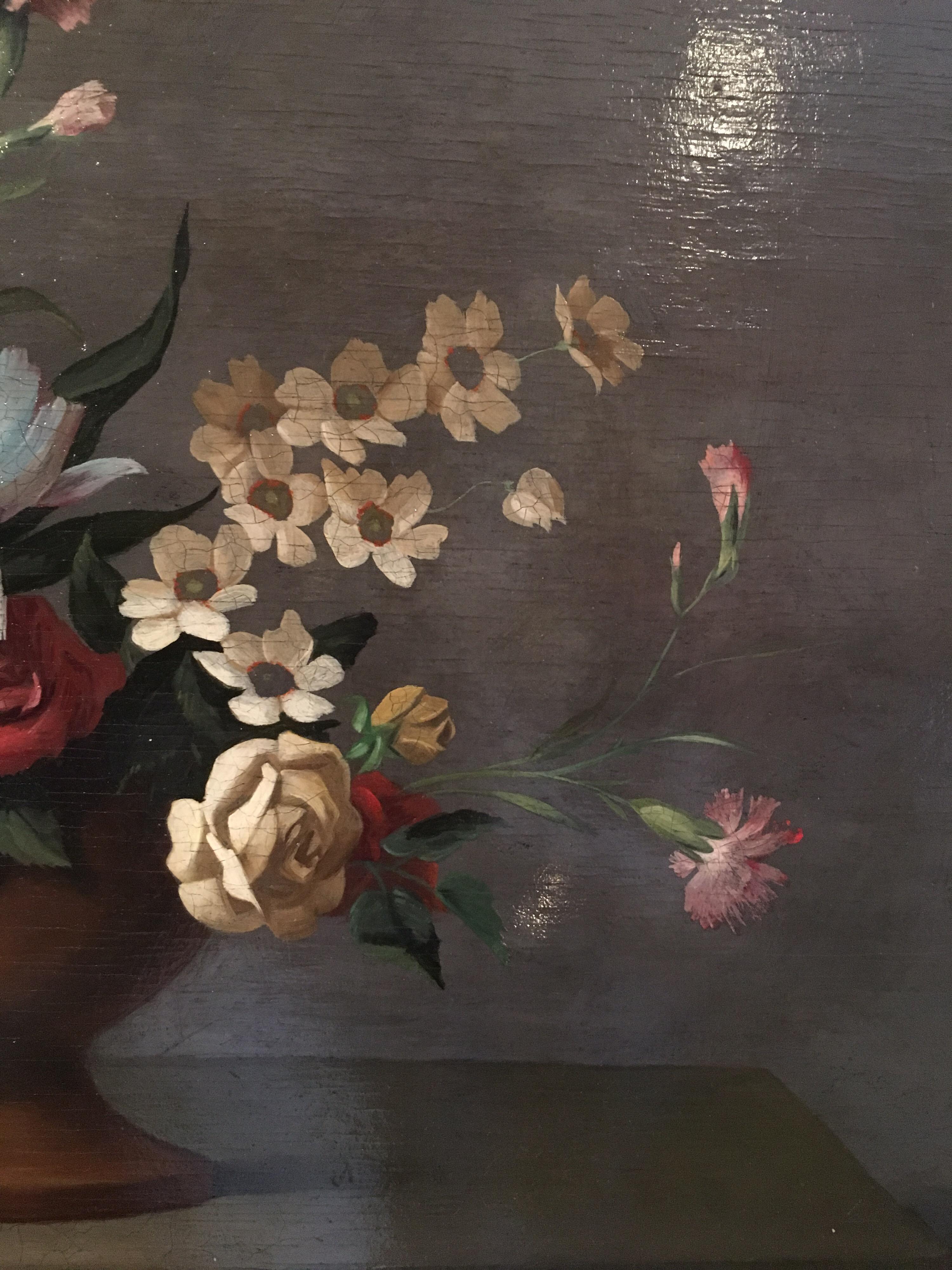 Blumenstrauß mit lebhaften Blumen, geblümtes Stillleben, Ölgemälde, signiert 1