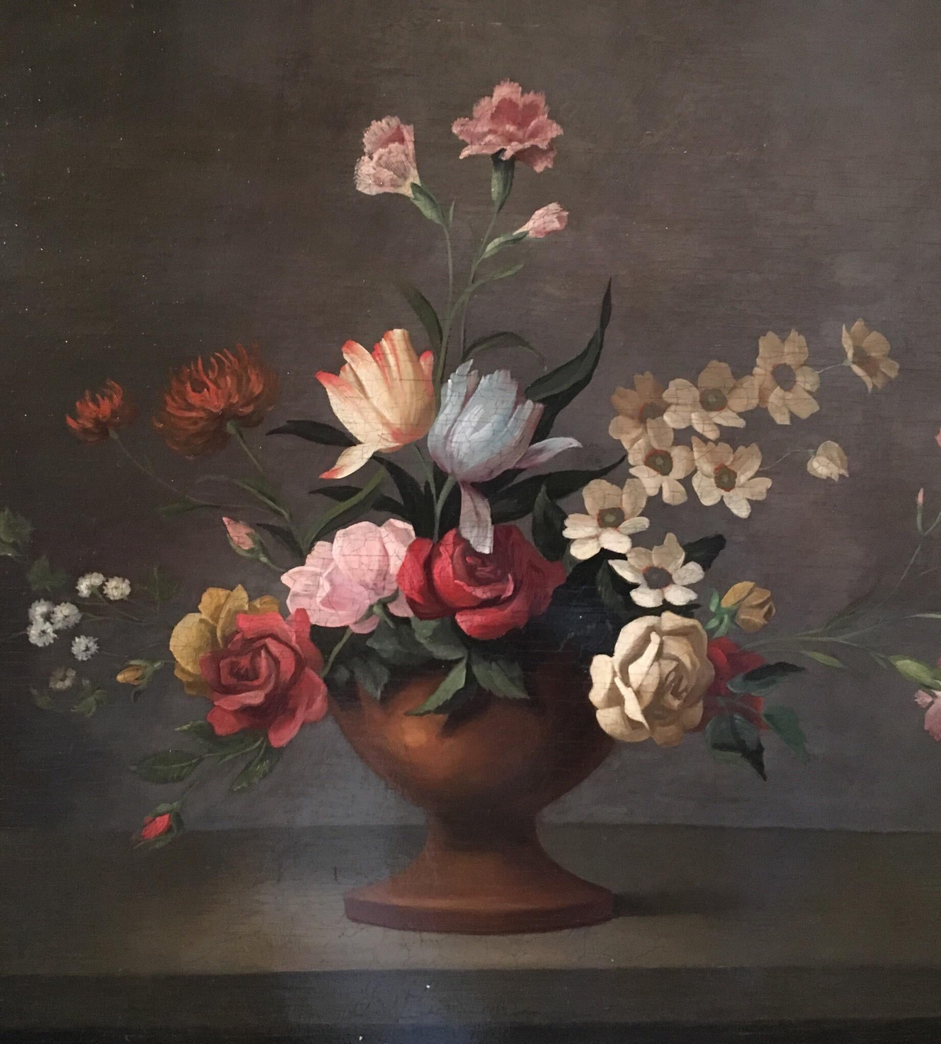 Blumenstrauß mit lebhaften Blumen, geblümtes Stillleben, Ölgemälde, signiert 2