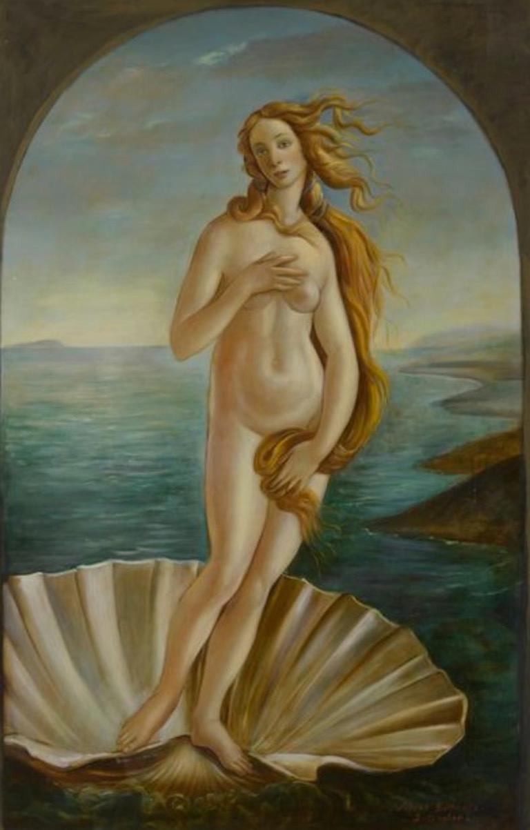 Atelier Dagher after Botticelli (1445-1510) Nude Painting - The Birth of Venus, Large Oil Painting on Canvas by Louvre Copyist