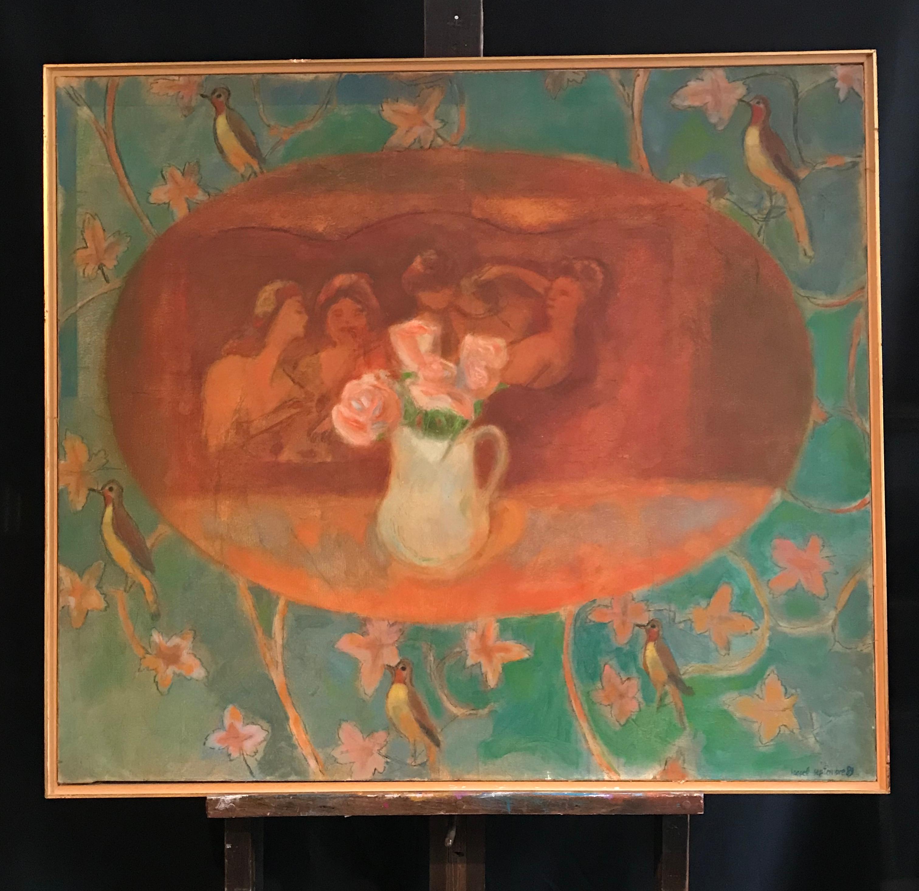 Large Modernist Still Life Ochre Colours with Birds - Painting by Gregoire Hespel