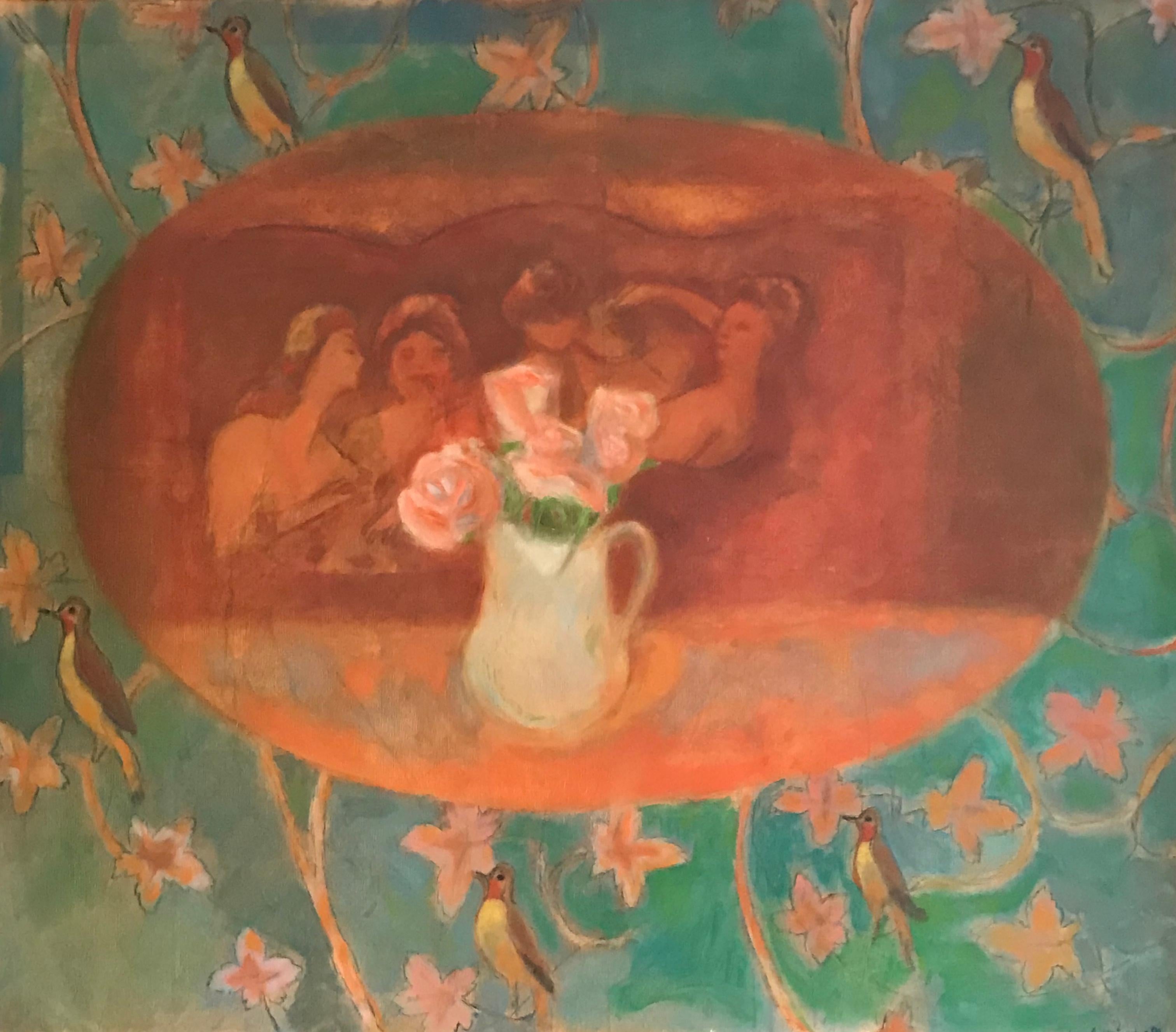 Gregoire Hespel Still-Life Painting - Large Modernist Still Life Ochre Colours with Birds