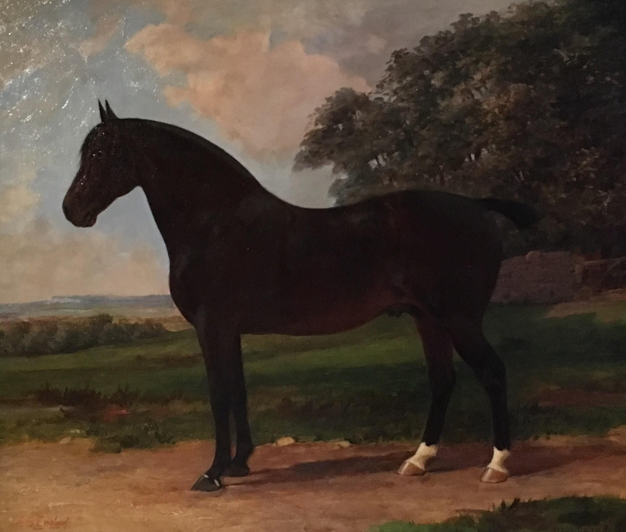 E. S. England Animal Painting - 'Harvester' Equestrian Portrait, Horse Still Life, Signed Oil Painting Green