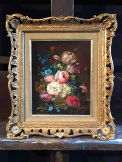 Bouquet de fleurs multicolore, nature morte, peinture à l'huile signée