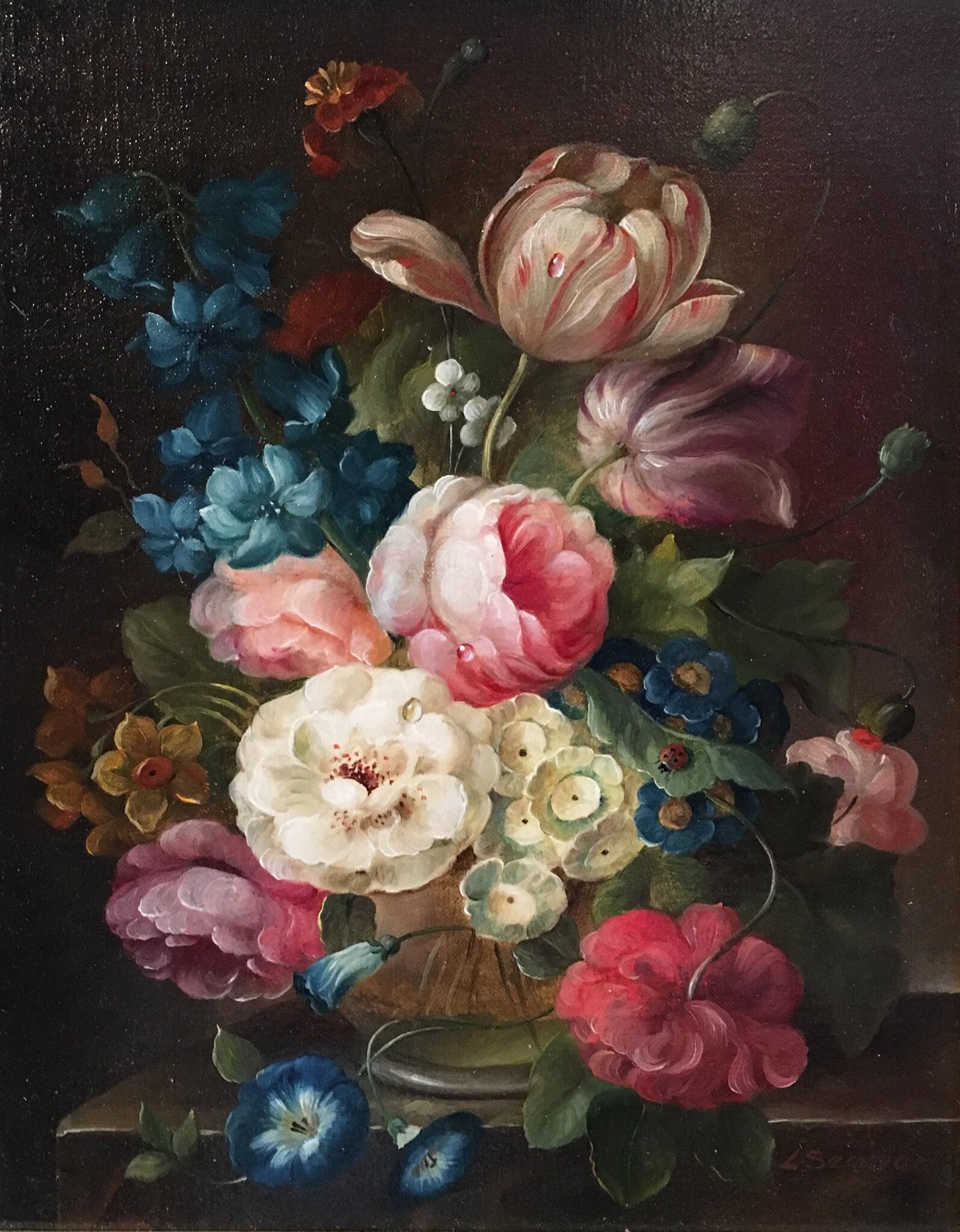 L.Seeyer Interior Painting - Multi Coloured Floral Bouquet, Still life Signed Oil Painting