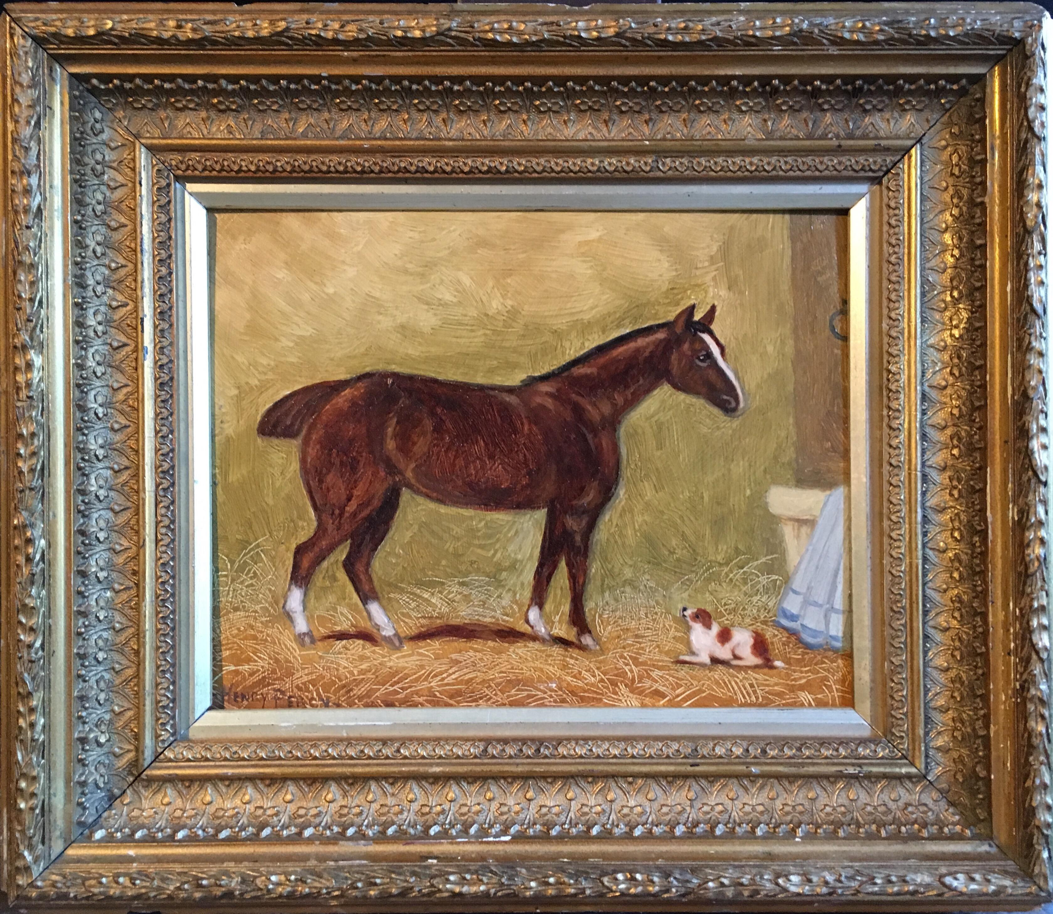 Henry Percy Figurative Painting - Horse & Dog, Antique English Oil Painting Signed and Framed