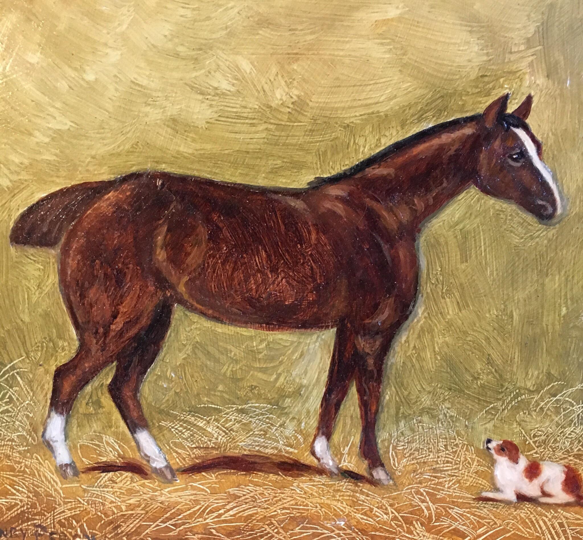 Stable Companions
By Henry Percy, British early 20th century
Signed by the artist on the lower left hand corner
Oil painting on board, framed
Frame size: 12 x 14 inches

Endearing oil painting of a beautiful horse enjoying the company of a little