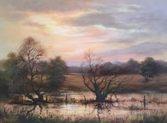 Reflection at Sunrise, Rural Landscape, Signed Oil Painting