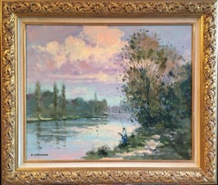 Peinture à l'huile impressionniste de paysage « Matin Sur La Sarthe », signée