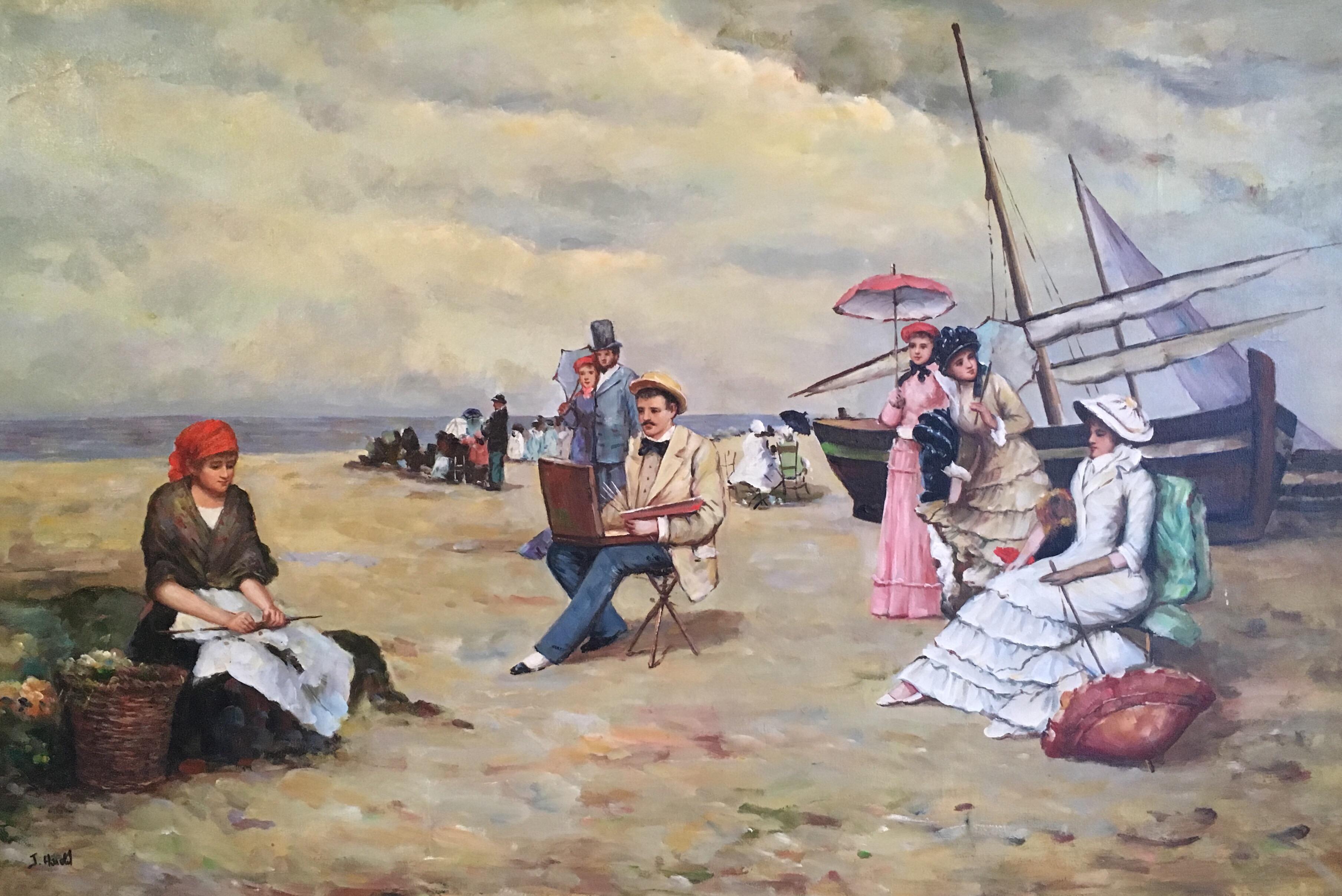 J.Horlit Portrait Painting - Elegant French Beach, Impressionist Signed Oil Painting