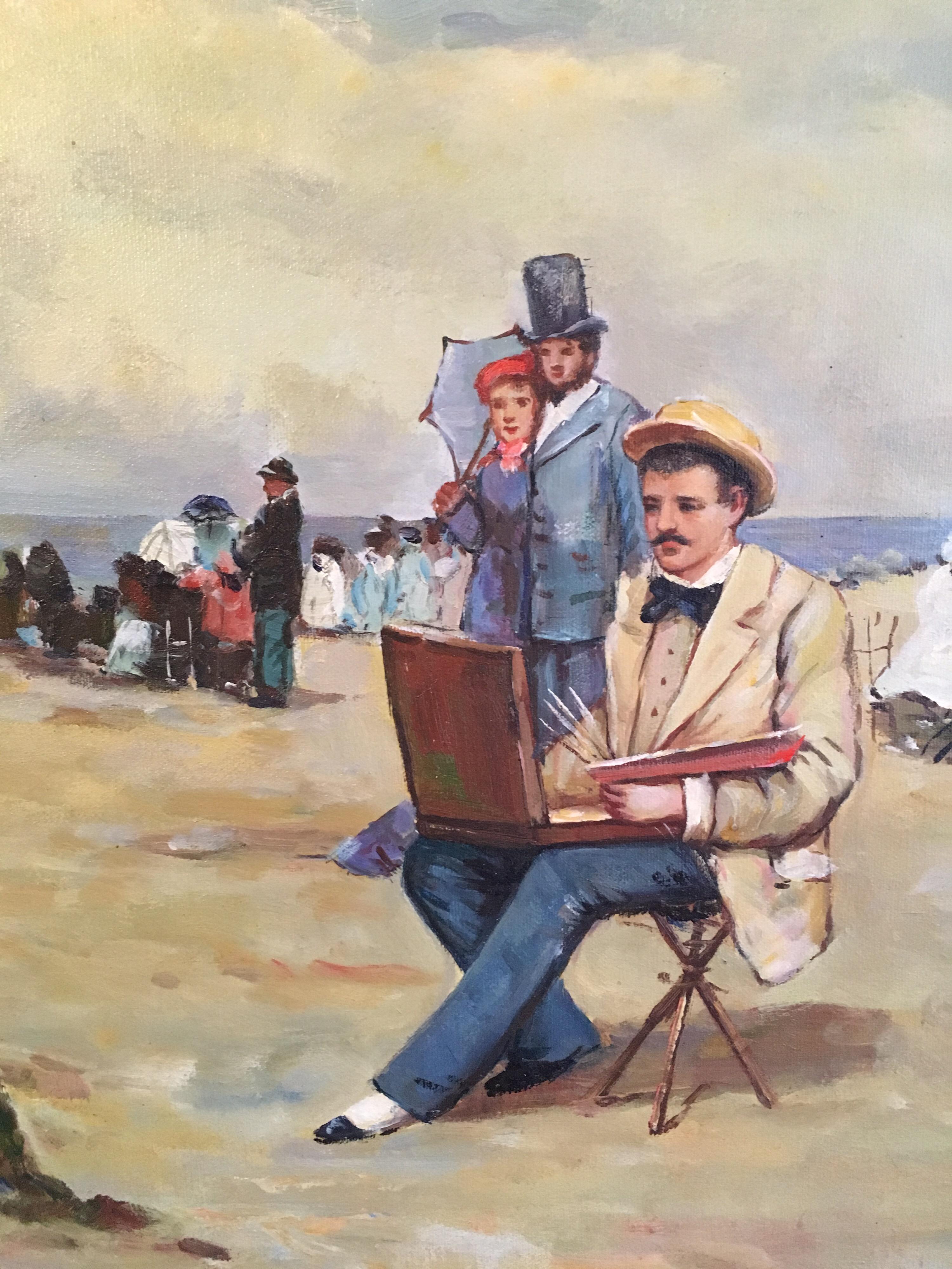 The Artist on the Beach
By French artist, J. Horlit, 20th Century
Signed by the artist on the lower left hand corner
Oil painting on canvas, framed
Framed size: 31 x 42.5 inches

Wonderful scene of a beach during the Belle Epoque era, with people