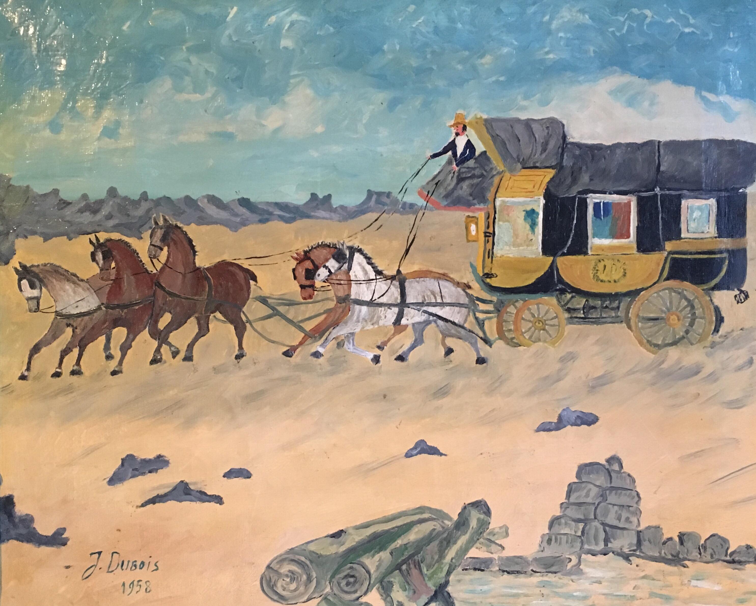 J.Dubois Animal Painting - Travellers, Horse Drawn Carriage, Impressionist Oil Painting, Signed
